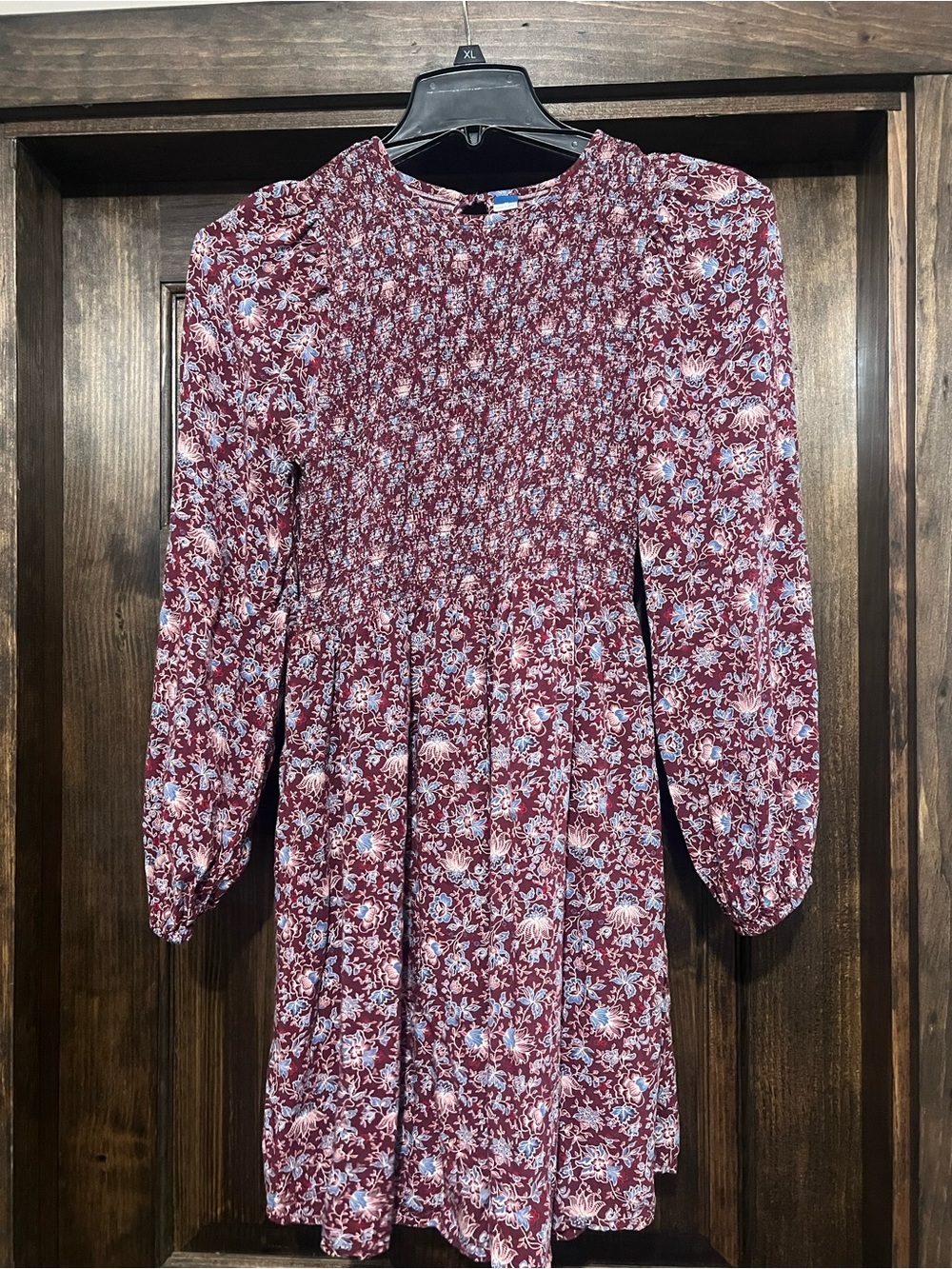 Old Navy Burgundy Floral Smocked Long-Sleeve Dress
